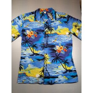 Palm Wave Hawaiian Shirt Men's XL Aloha Tropical Palm Trees Volcano Surfing